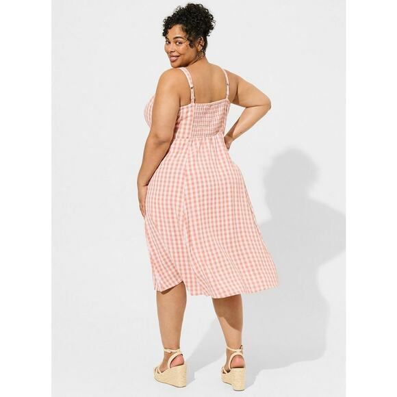 Torrid Gingham Seersucker Midi Sun Dress Peachy Pink Button Front Size 1 - Picture 2 of 4